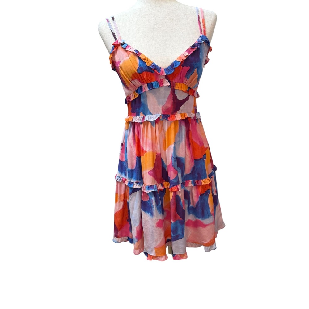 NWT French Connect Watercolor Ruffle Tiered Mini Dress Pink Orange Blue  US 4‎